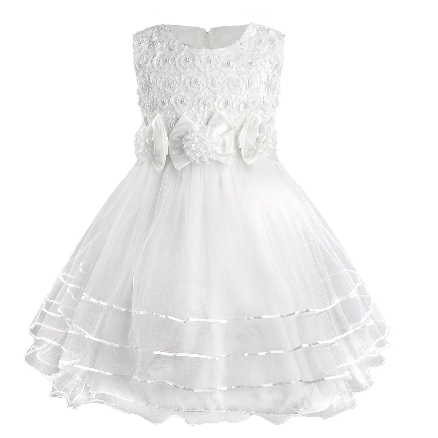 Girls Princess Dress Rose Flower Bow Tie Party Dress Tulle Wedding Dress Bridesmaid Christening Elegant Formal Dress for Girls