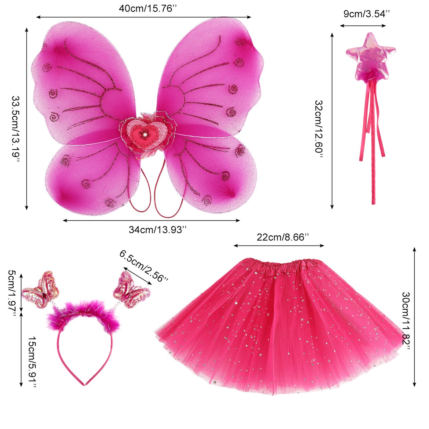 Girls Fairy Costume Set Princess Tutu Skirt Fairy Magic Butterfly Wings Dress Up Fantasy Costume Play with Butterfly Wings, Magic Wand and Headband Set for 3-8 Years Girls