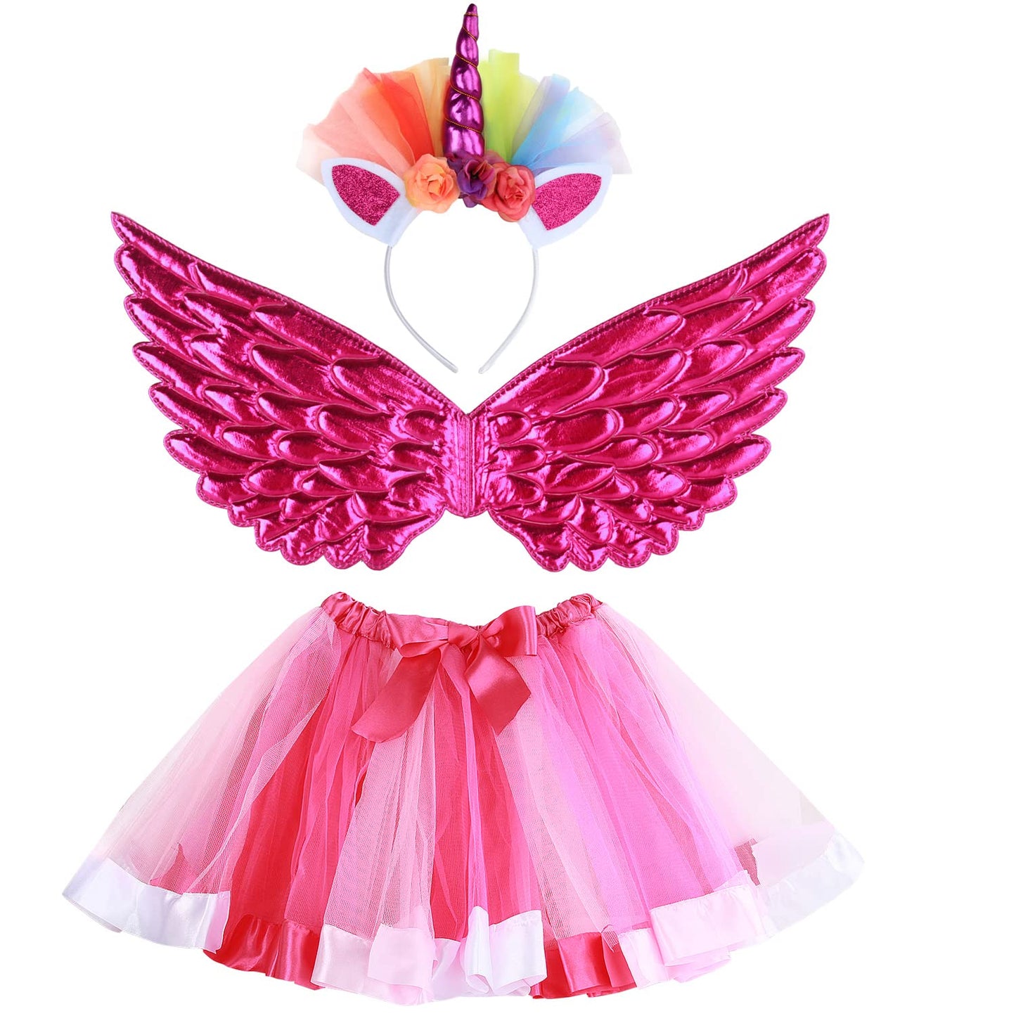 Girls Fairy Costume Fancy Dress Up Angel Costume Sets Kids Princess Dress Tulle Tutu Skirt Set with Angel Wings, Unicorn Headband Set for 3-8 Years Girls