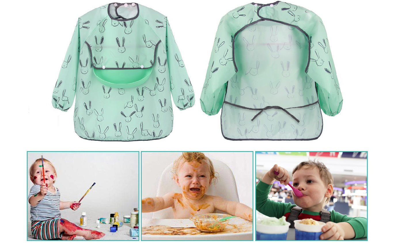 Long Sleeve Baby Bibs - Waterproof Feeding Bibs Painting Apron Bibs with Detachable Silicone Pocket, Unisex Baby Dribble Bibs for Infant Toddler 6 Months to 3 Years Old