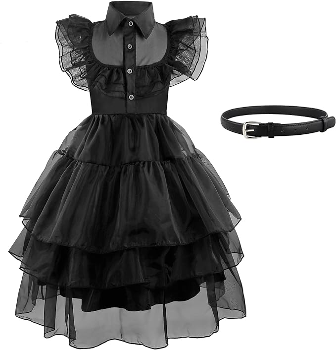 Wednesday Addams Costume Dress for Girls Children Cosplay Addams Family Dresses with Wig Belt Fancy Gauze Dress Halloween Carnival Party