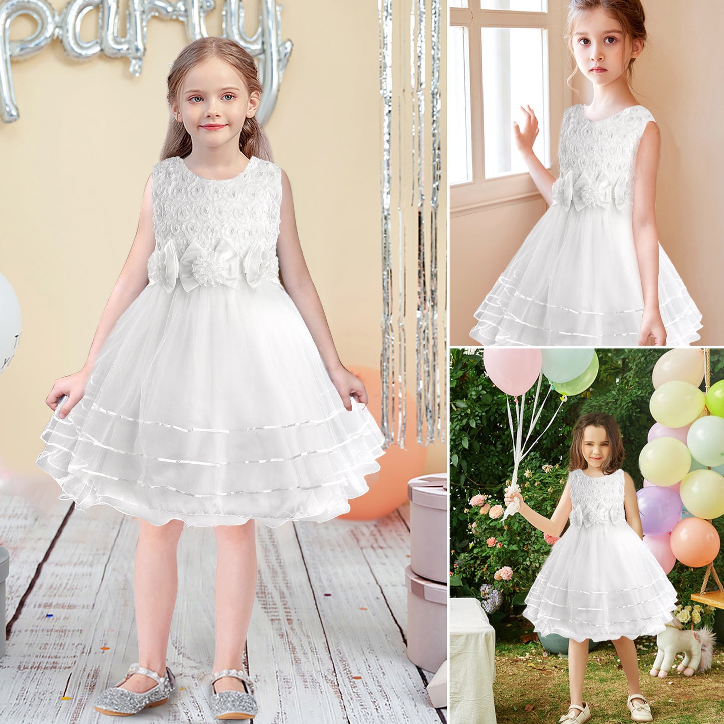 Girls Princess Dress Rose Flower Bow Tie Party Dress Tulle Wedding Dress Bridesmaid Christening Elegant Formal Dress for Girls