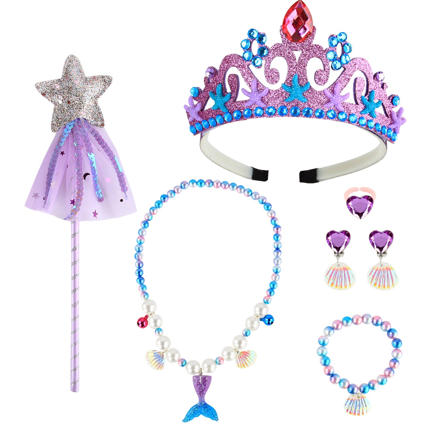 Girls Fairy Costume Fancy Dress Up Kids Mermaid Jewelry Sets Girl Mermaid Tutu Skirt Princess Dress Tulle Costume Set with Necklace Bracelet Earrings Ring Set for 3-8 Years Girls