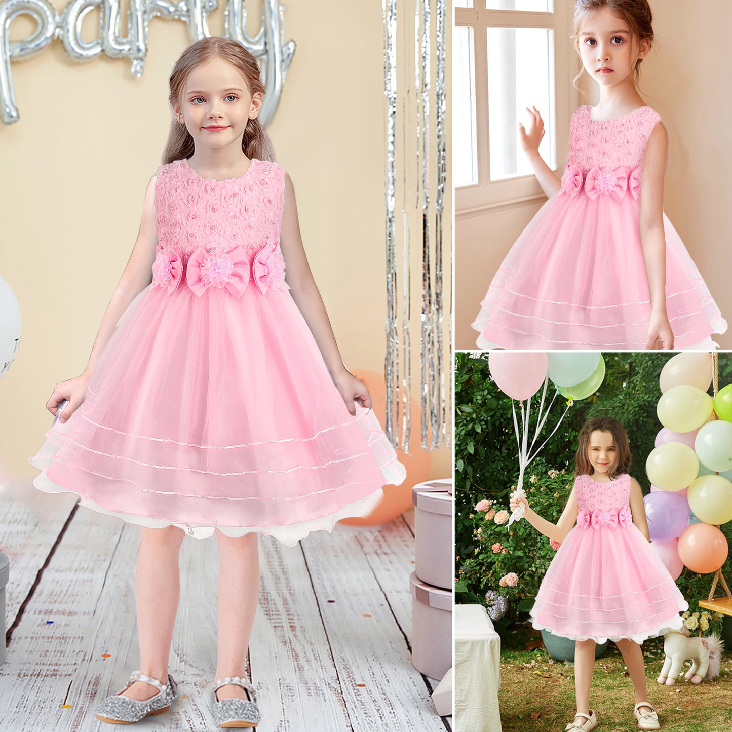 Girls Princess Dress Rose Flower Bow Tie Party Dress Tulle Wedding Dress Bridesmaid Christening Elegant Formal Dress for Girls