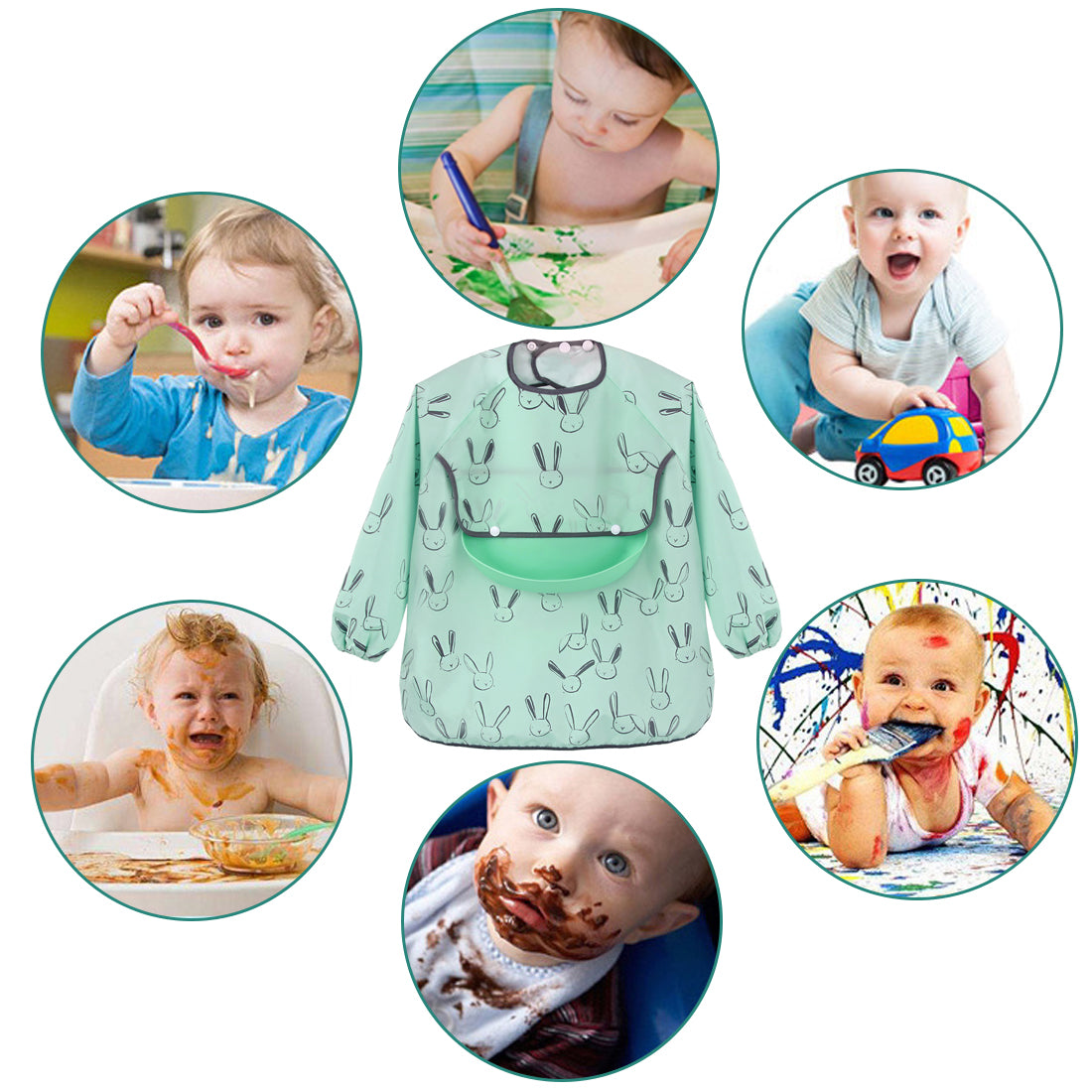 Long Sleeve Baby Bibs - Waterproof Feeding Bibs Painting Apron Bibs with Detachable Silicone Pocket, Unisex Baby Dribble Bibs for Infant Toddler 6 Months to 3 Years Old