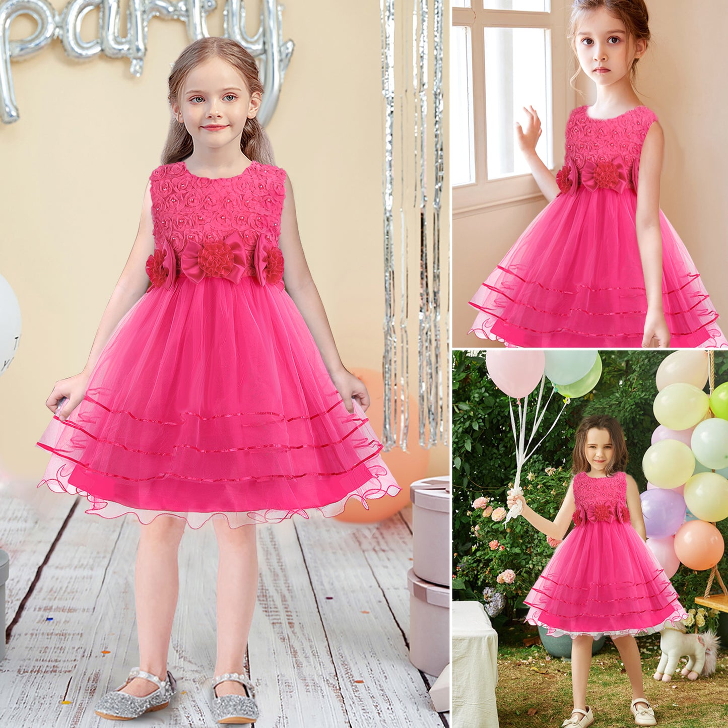 Girls Princess Dress Rose Flower Bow Tie Party Dress Tulle Wedding Dress Bridesmaid Christening Elegant Formal Dress for Girls