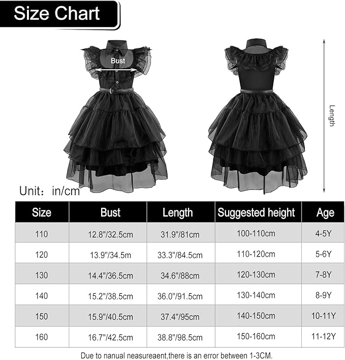 Wednesday Addams Costume Dress for Girls Children Cosplay Addams Family Dresses with Wig Belt Fancy Gauze Dress Halloween Carnival Party