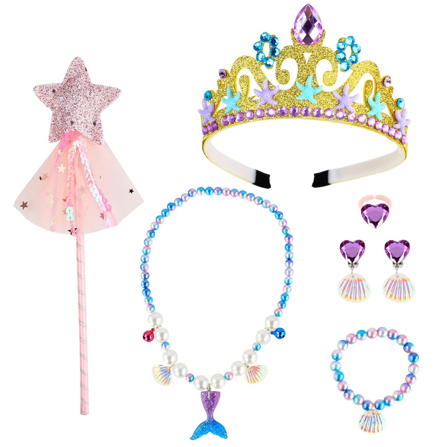 Girls Fairy Costume Fancy Dress Up Kids Mermaid Jewelry Sets Girl Mermaid Tutu Skirt Princess Dress Tulle Costume Set with Necklace Bracelet Earrings Ring Set for 3-8 Years Girls