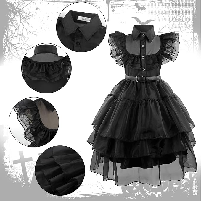 Wednesday Addams Costume Dress for Girls Children Cosplay Addams Family Dresses with Wig Belt Fancy Gauze Dress Halloween Carnival Party