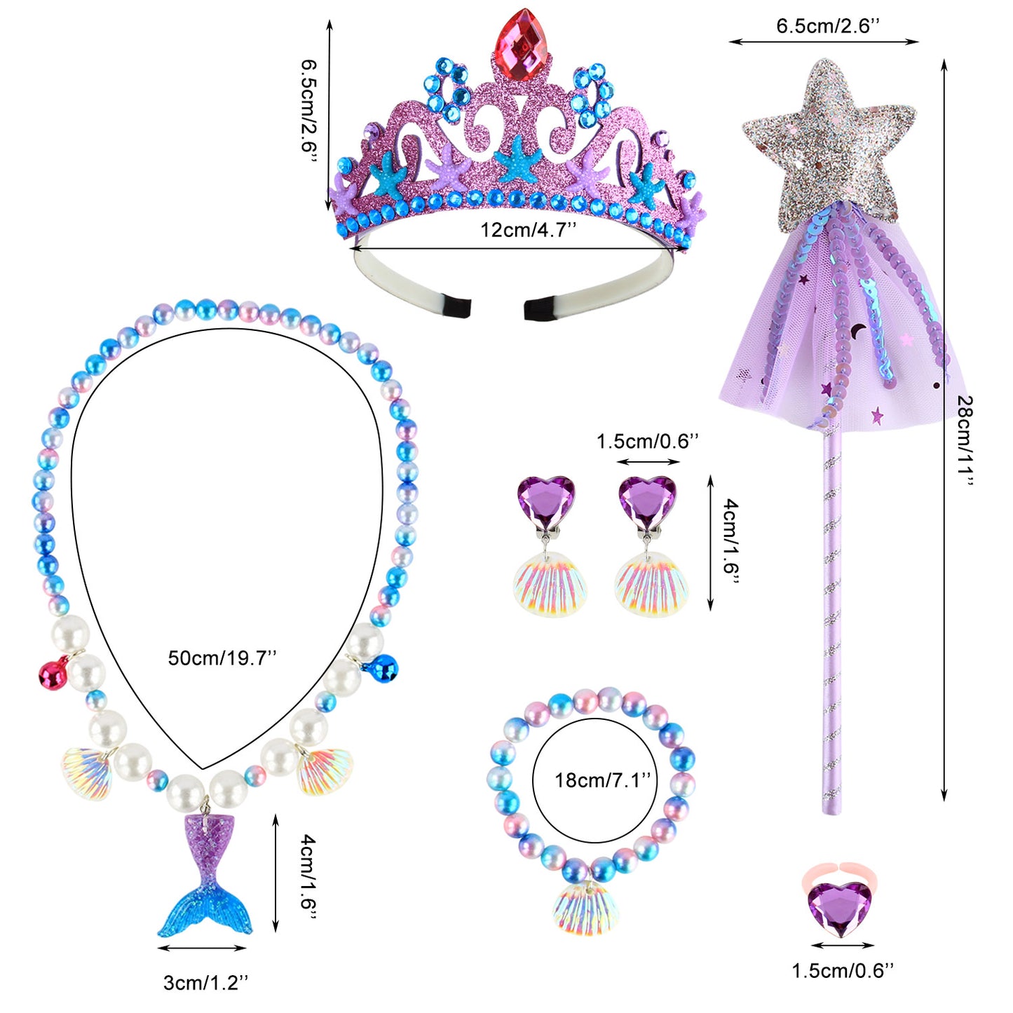 Girls Fairy Costume Fancy Dress Up Kids Mermaid Jewelry Sets Girl Mermaid Tutu Skirt Princess Dress Tulle Costume Set with Necklace Bracelet Earrings Ring Set for 3-8 Years Girls