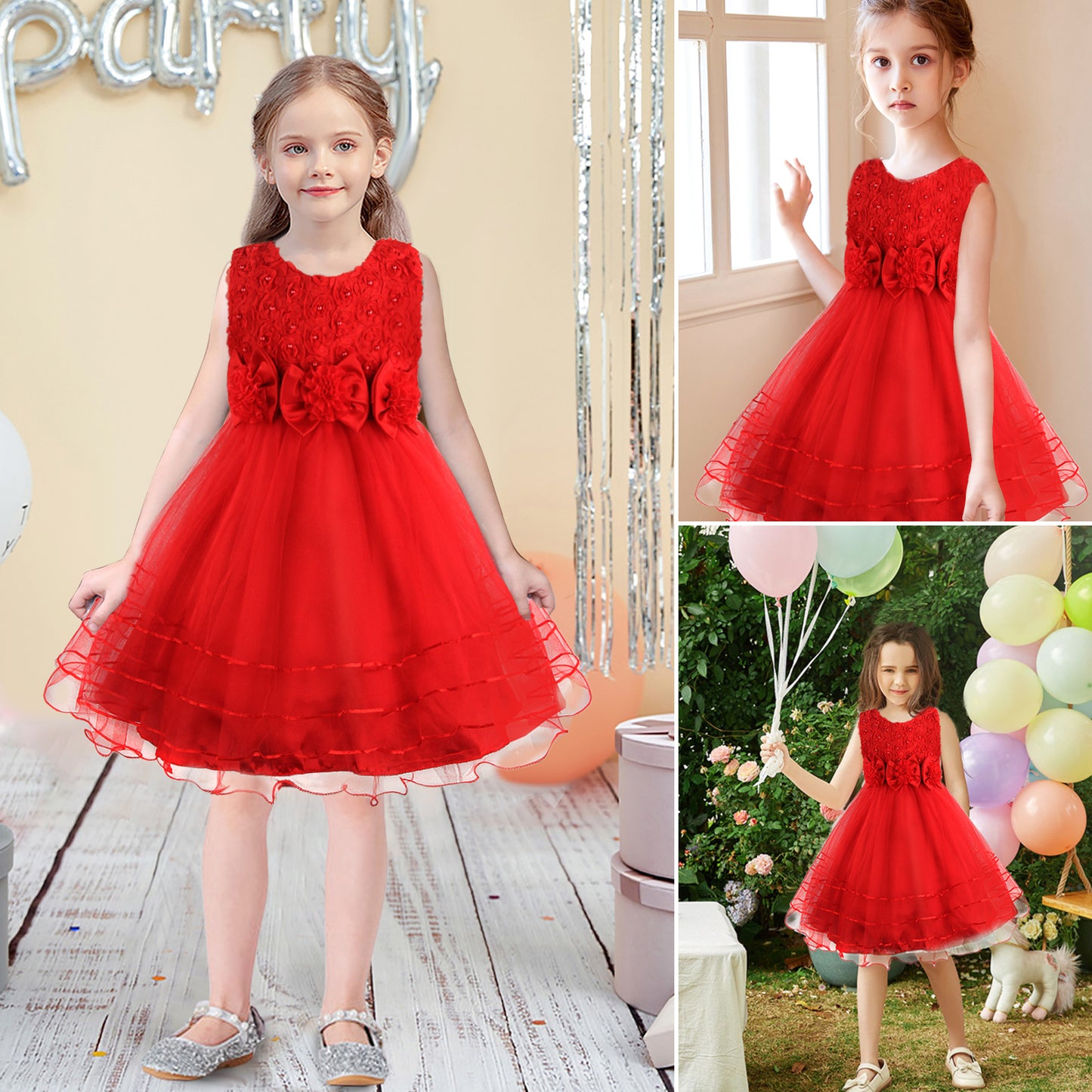 Girls Princess Dress Rose Flower Bow Tie Party Dress Tulle Wedding Dress Bridesmaid Christening Elegant Formal Dress for Girls