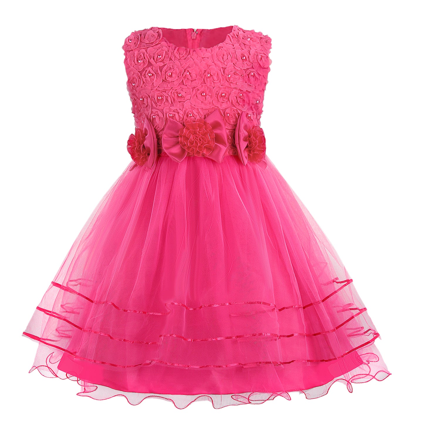 Girls Princess Dress Rose Flower Bow Tie Party Dress Tulle Wedding Dress Bridesmaid Christening Elegant Formal Dress for Girls