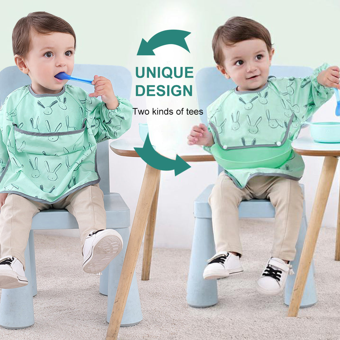 Long Sleeve Baby Bibs - Waterproof Feeding Bibs Painting Apron Bibs with Detachable Silicone Pocket, Unisex Baby Dribble Bibs for Infant Toddler 6 Months to 3 Years Old