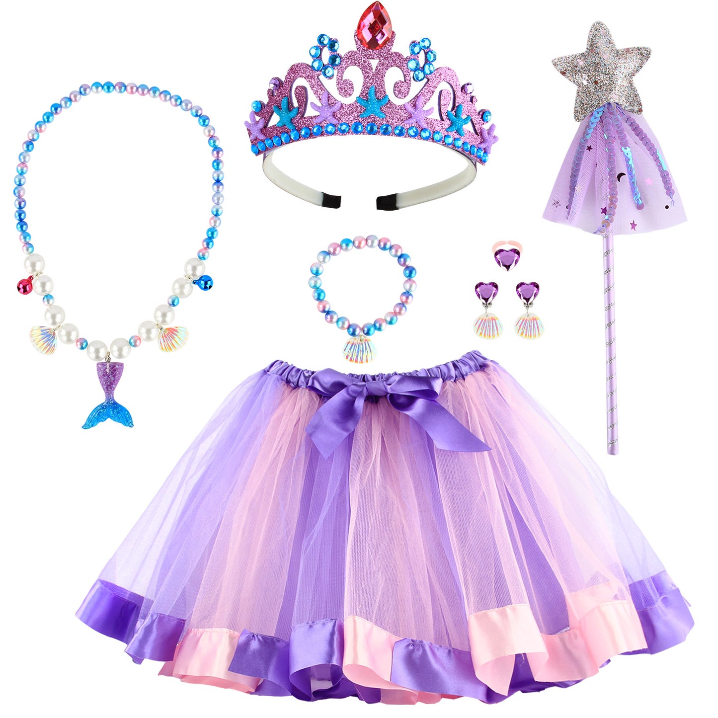 Girls Fairy Costume Fancy Dress Up Kids Mermaid Jewelry Sets Girl Mermaid Tutu Skirt Princess Dress Tulle Costume Set with Necklace Bracelet Earrings Ring Set for 3-8 Years Girls