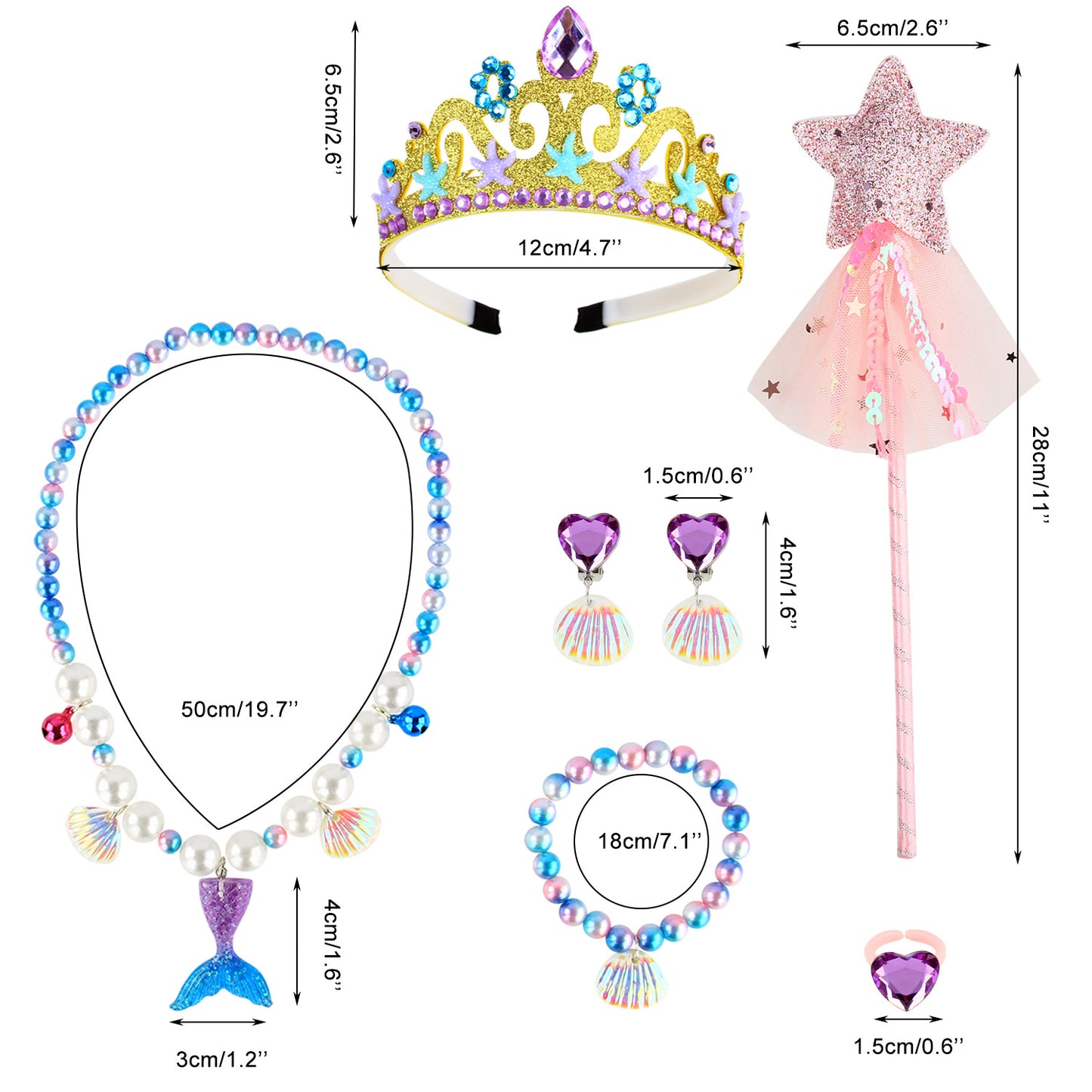 Girls Fairy Costume Fancy Dress Up Kids Mermaid Jewelry Sets Girl Mermaid Tutu Skirt Princess Dress Tulle Costume Set with Necklace Bracelet Earrings Ring Set for 3-8 Years Girls