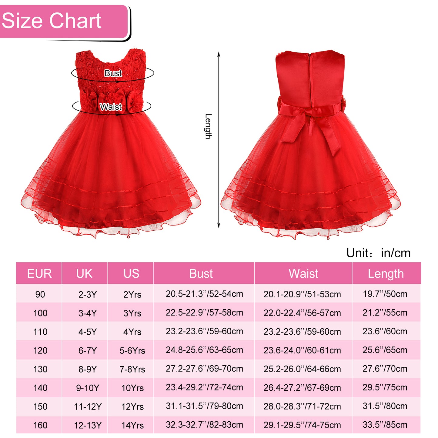 Girls Princess Dress Rose Flower Bow Tie Party Dress Tulle Wedding Dress Bridesmaid Christening Elegant Formal Dress for Girls