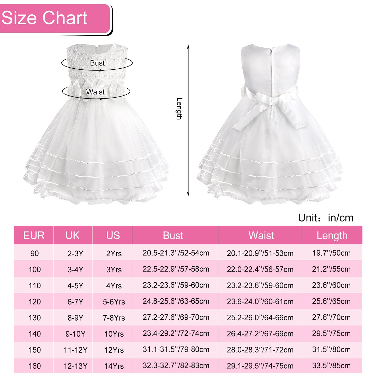 Girls Princess Dress Rose Flower Bow Tie Party Dress Tulle Wedding Dress Bridesmaid Christening Elegant Formal Dress for Girls