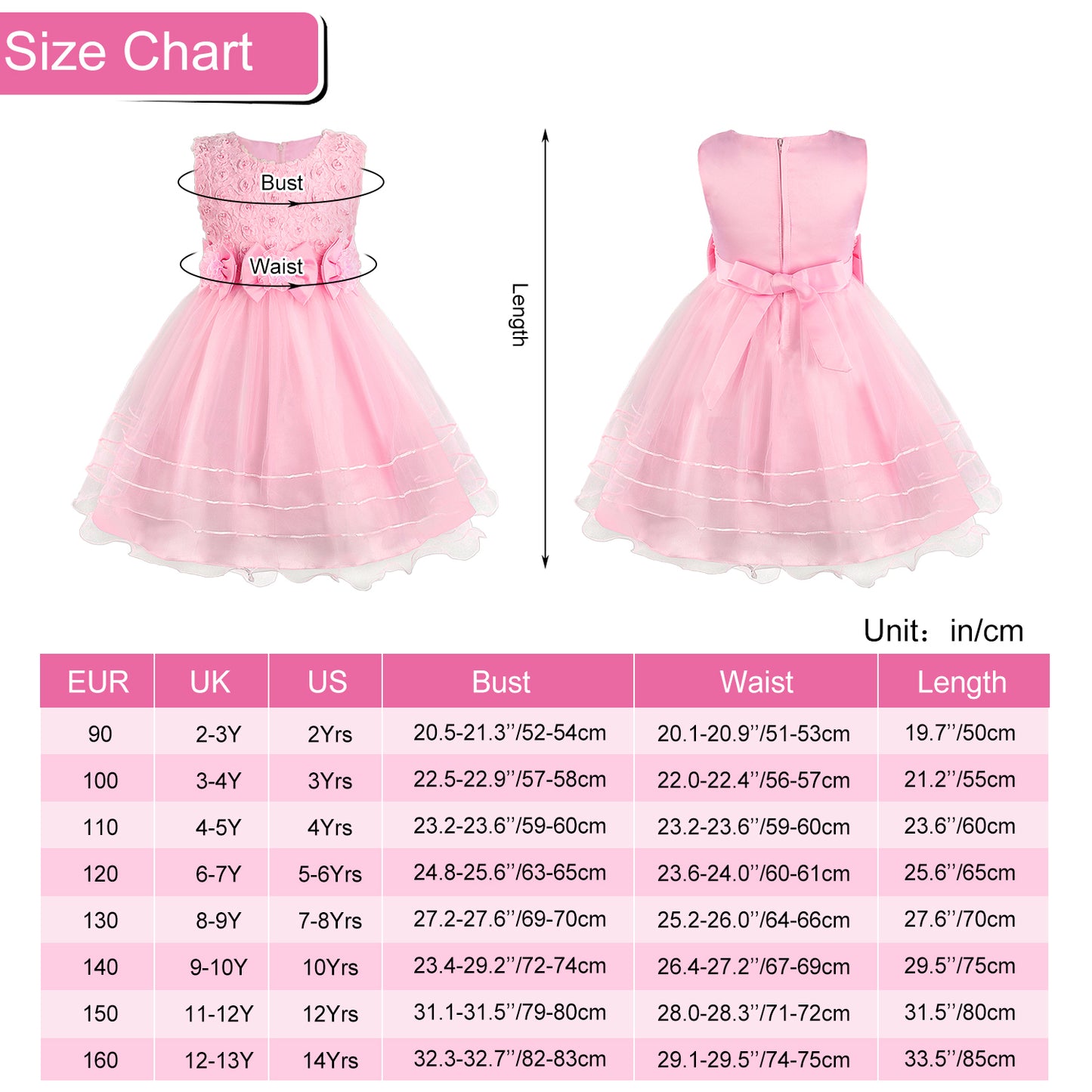 Girls Princess Dress Rose Flower Bow Tie Party Dress Tulle Wedding Dress Bridesmaid Christening Elegant Formal Dress for Girls