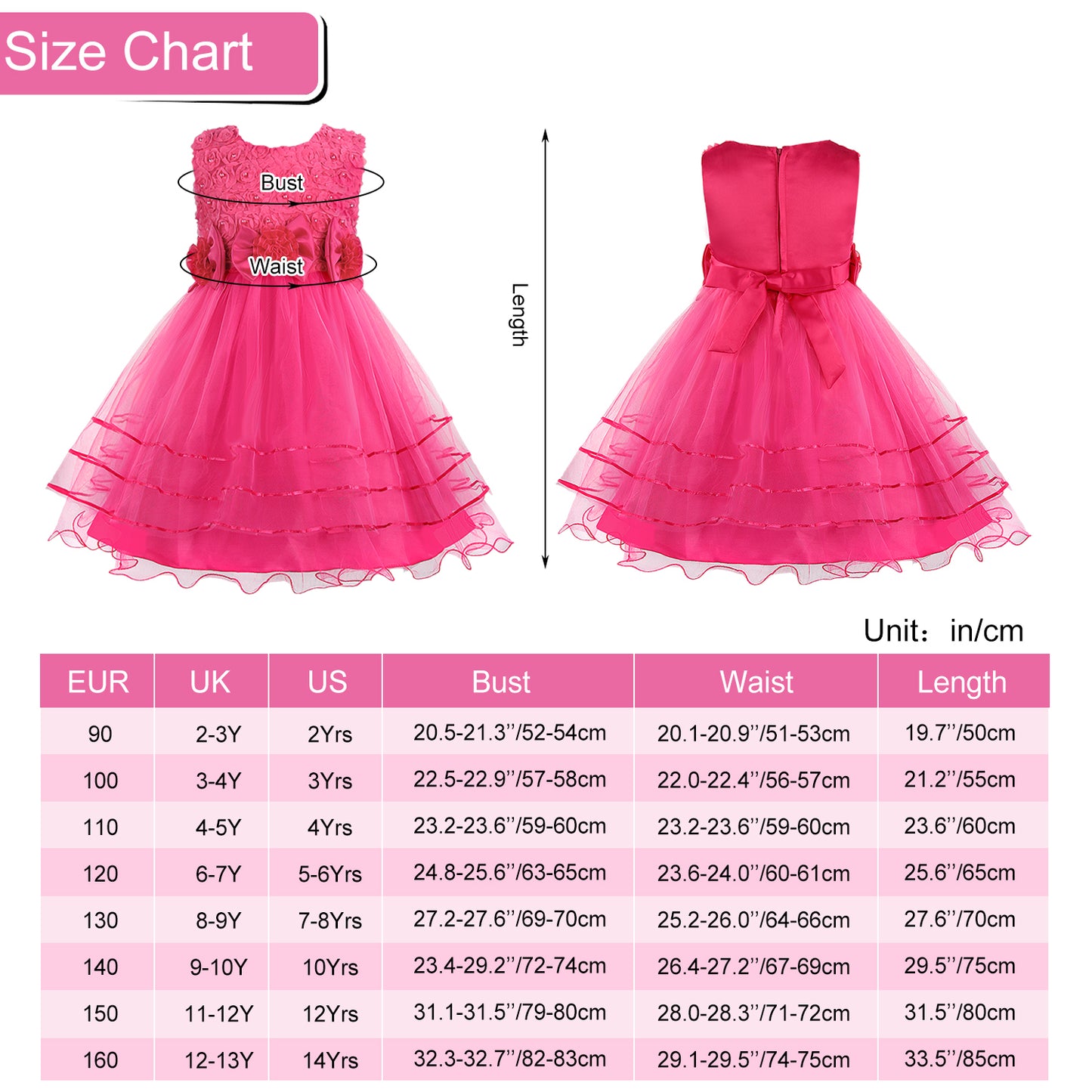 Girls Princess Dress Rose Flower Bow Tie Party Dress Tulle Wedding Dress Bridesmaid Christening Elegant Formal Dress for Girls