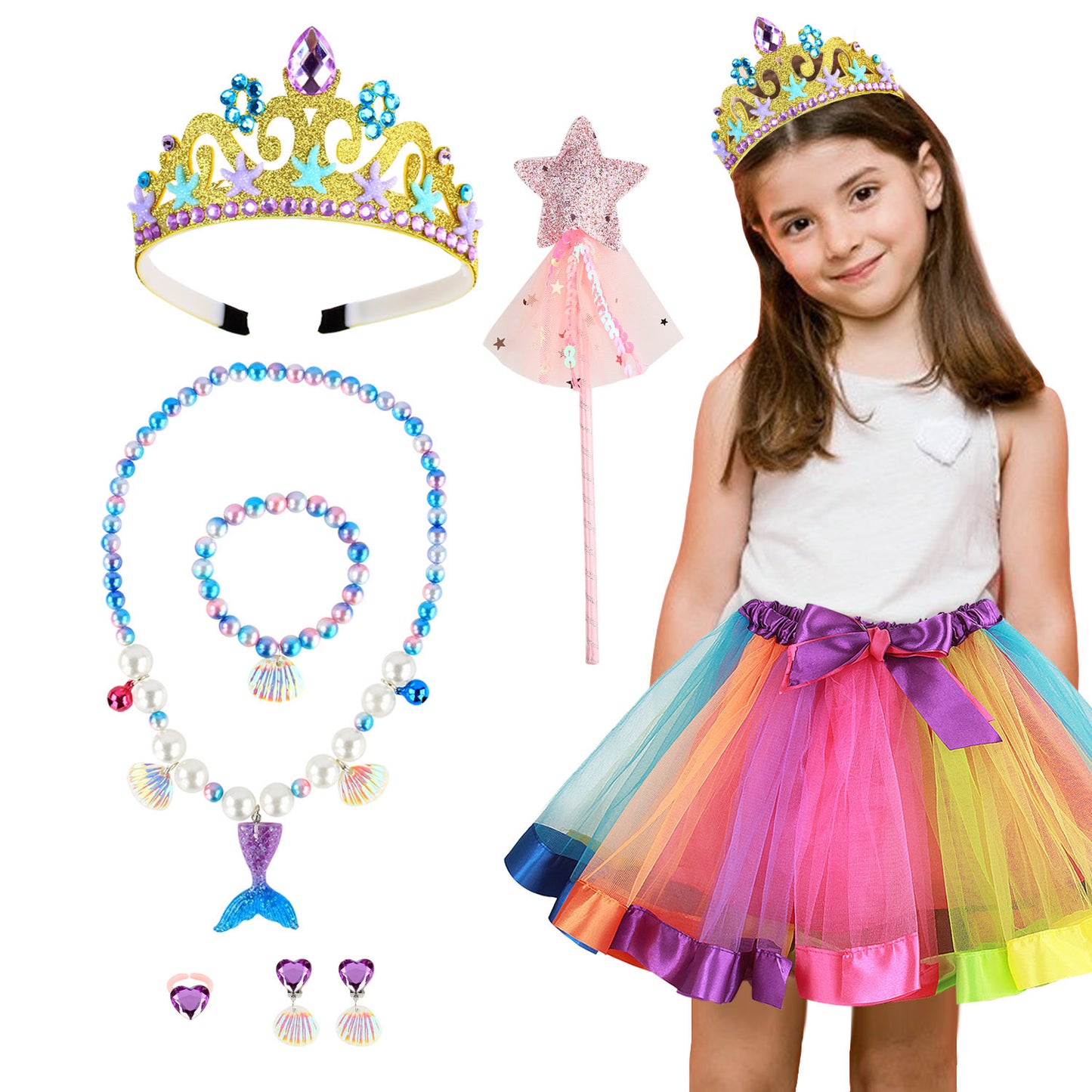 Girls Fairy Costume Fancy Dress Up Kids Mermaid Jewelry Sets Girl Mermaid Tutu Skirt Princess Dress Tulle Costume Set with Necklace Bracelet Earrings Ring Set for 3-8 Years Girls