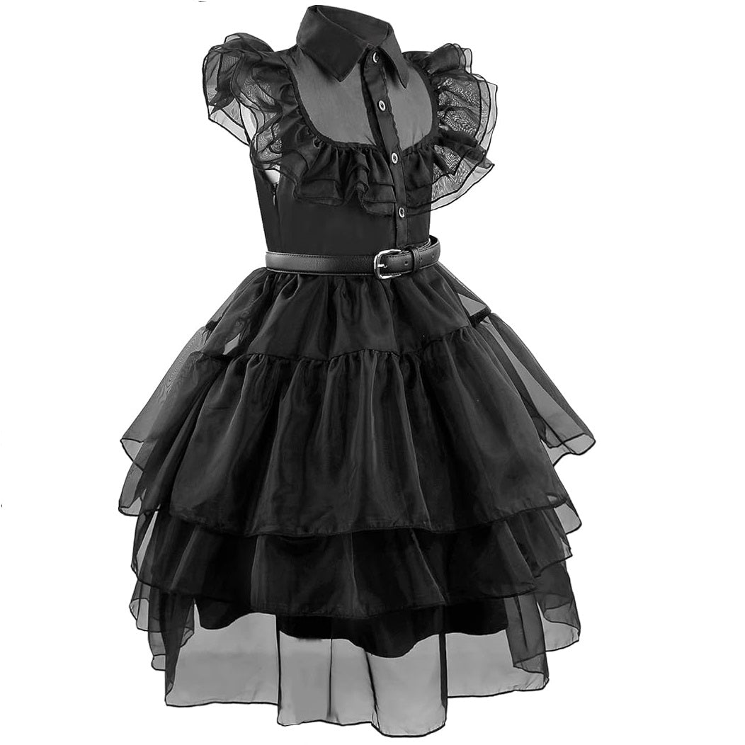 Wednesday Addams Costume Dress for Girls Children Cosplay Addams Family Dresses with Wig Belt Fancy Gauze Dress Halloween Carnival Party