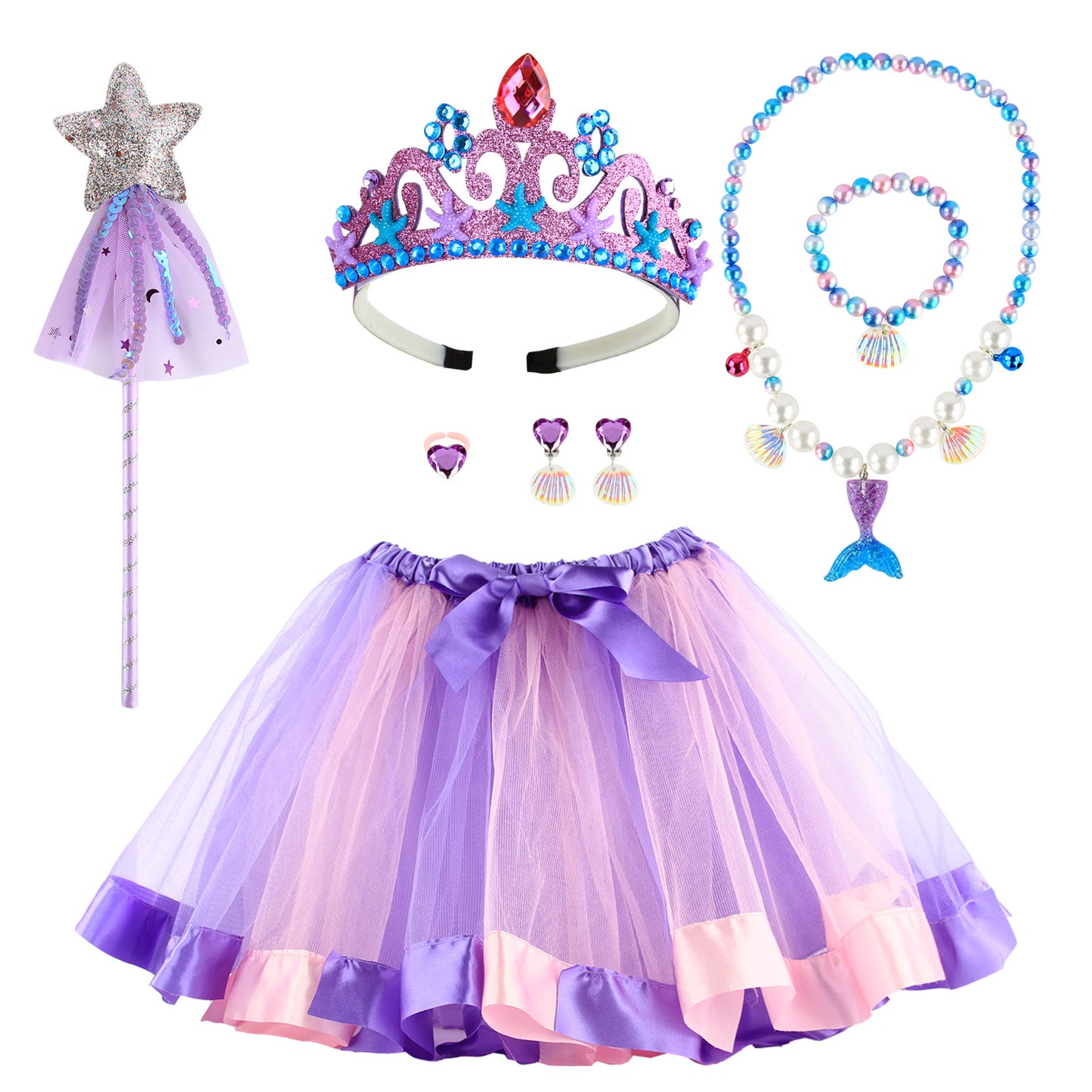 Girls Fairy Costume Fancy Dress Up Kids Mermaid Jewelry Sets Girl Mermaid Tutu Skirt Princess Dress Tulle Costume Set with Necklace Bracelet Earrings Ring Set for 3-8 Years Girls