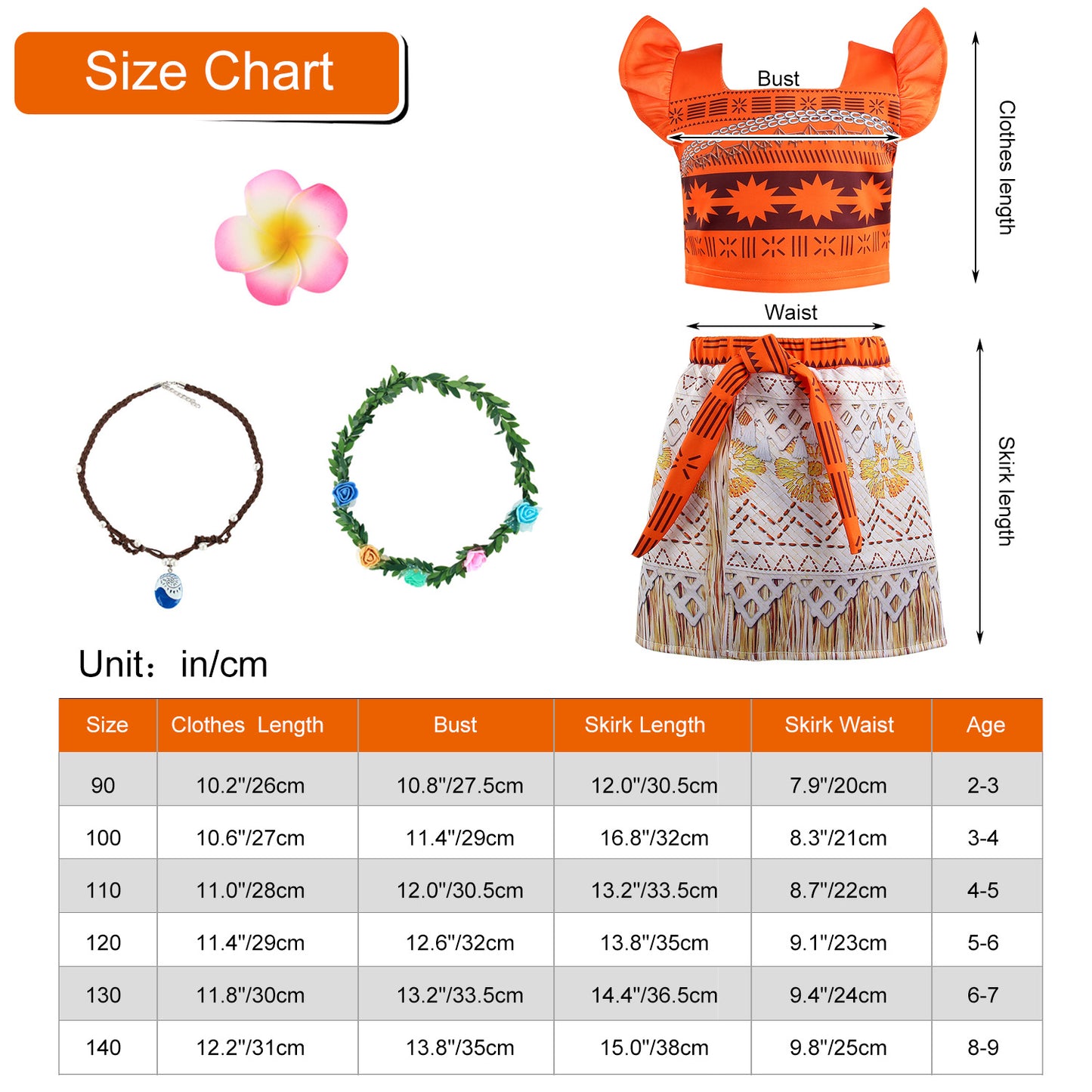 Girls Moana Costume Fancy Dress Up Princess Party Dress Girl Adventure Outfit Clothes Kids Birthday Holiday Halloween Cosplay Fancy Clothing Set Childs Sleeveless Clothes