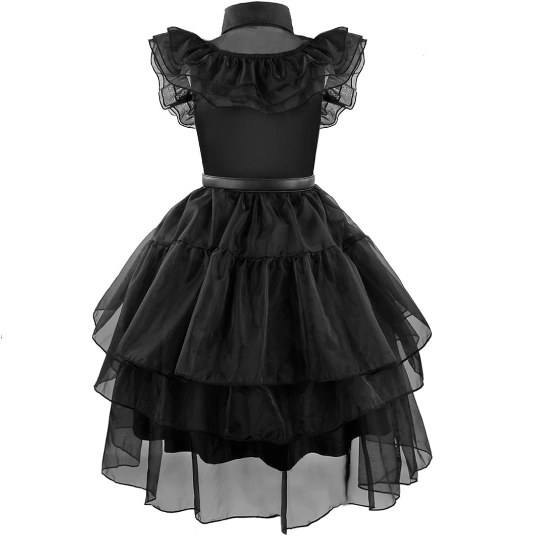 Wednesday Addams Costume Dress for Girls Children Cosplay Addams Family Dresses with Wig Belt Fancy Gauze Dress Halloween Carnival Party