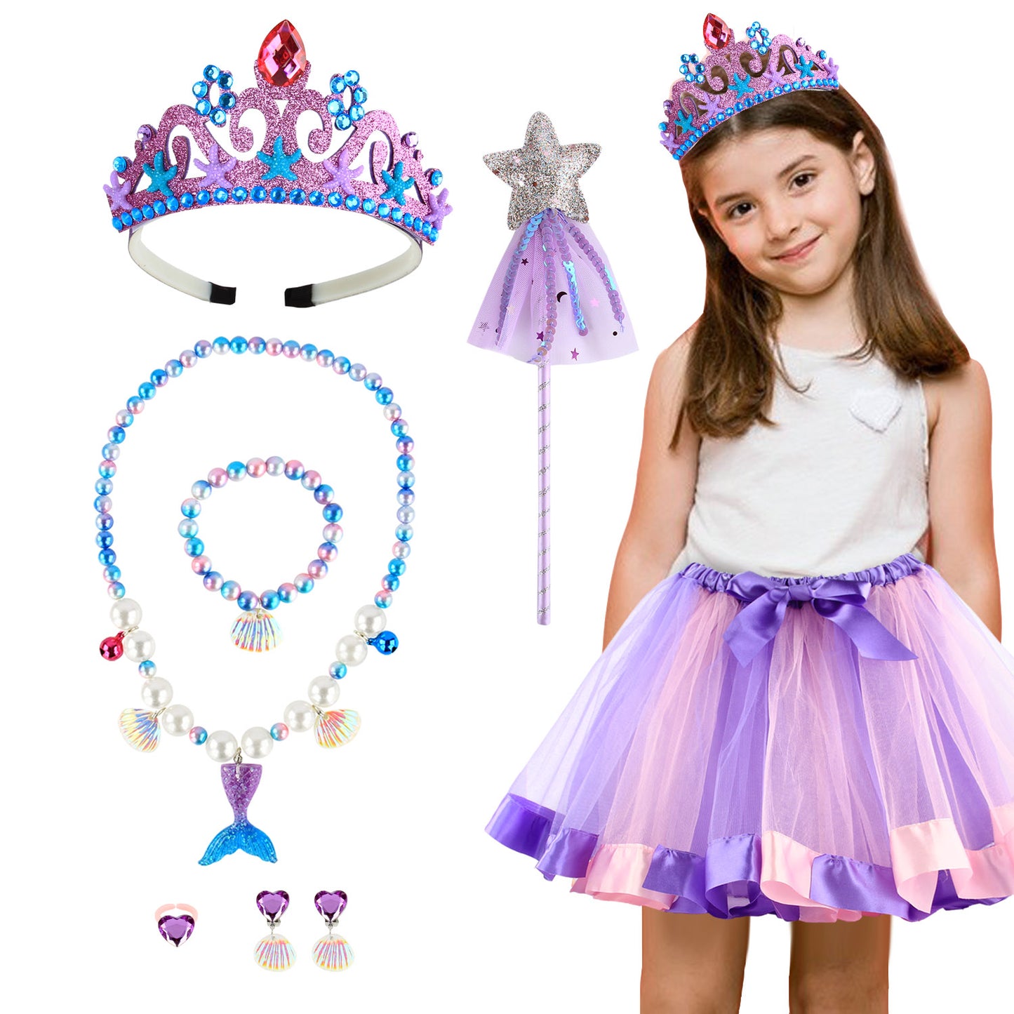 Girls Fairy Costume Fancy Dress Up Kids Mermaid Jewelry Sets Girl Mermaid Tutu Skirt Princess Dress Tulle Costume Set with Necklace Bracelet Earrings Ring Set for 3-8 Years Girls