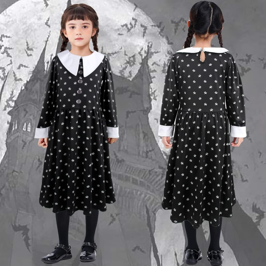 Wednesdays Addams Costume Dress Girls Addams Fancy Outfit for Kids Black Dress Fancy Dress Up for Party Cosplay Causal Daily Wear