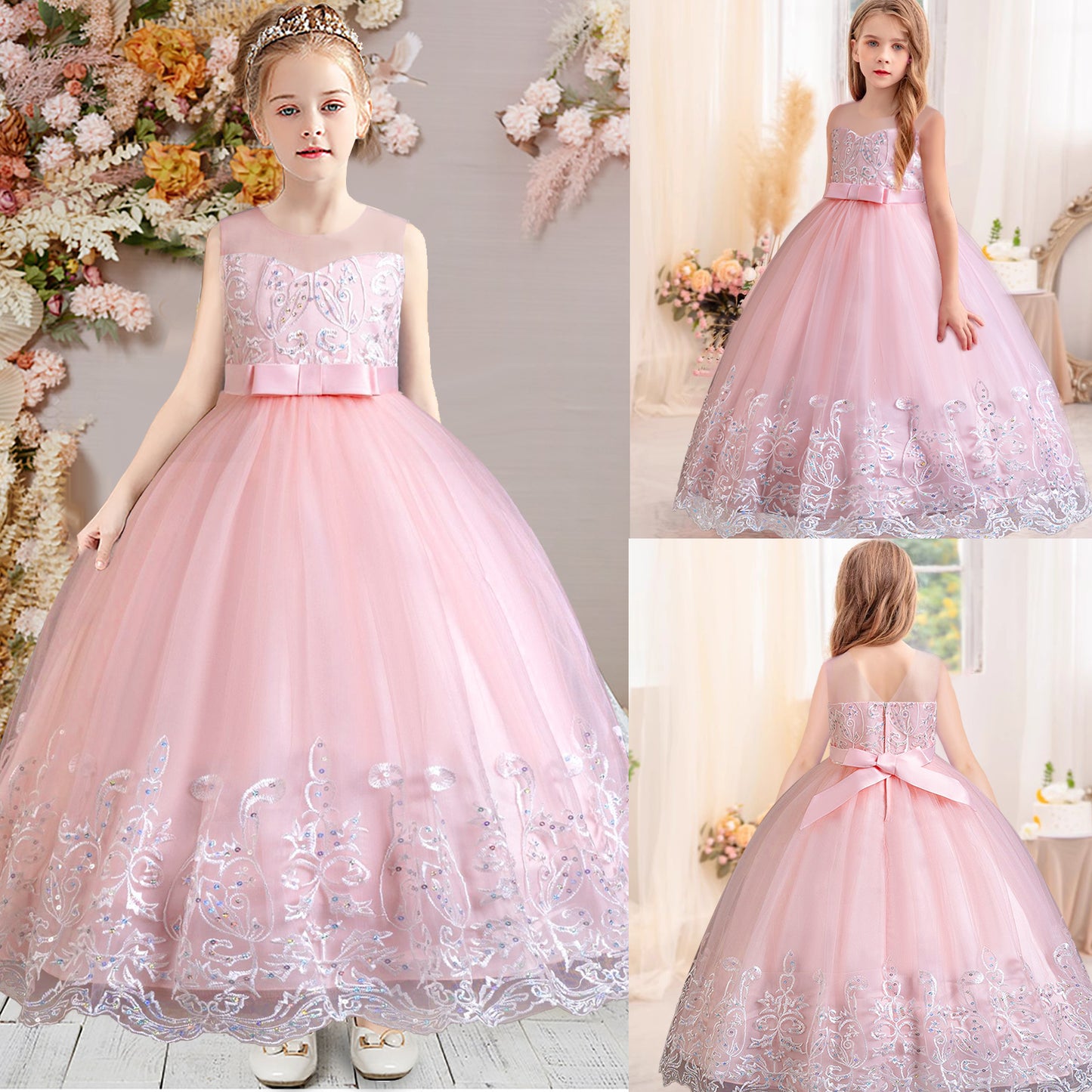 Girls Princess Dress Big Girls Prom Dress,Kids Floral Lace Embroidery Tulle Sequins Dress Sleeveless Floor Length Formal Dress,First Communion Pageant Dresses Wedding Party Dress