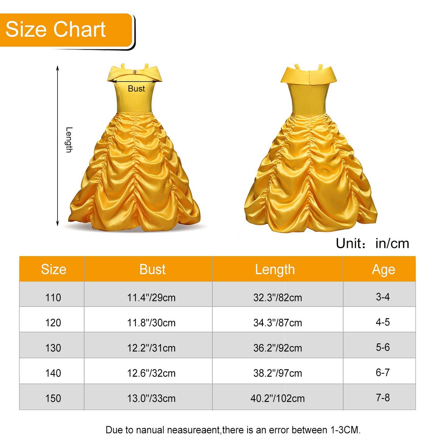 Belle Dresses for Girl Kids Princess Costume Dress Up Layered Off-Shoulder Fancy Dress for Halloween Christmas Cosplay Birthday Party Dresses for 3-9 Years