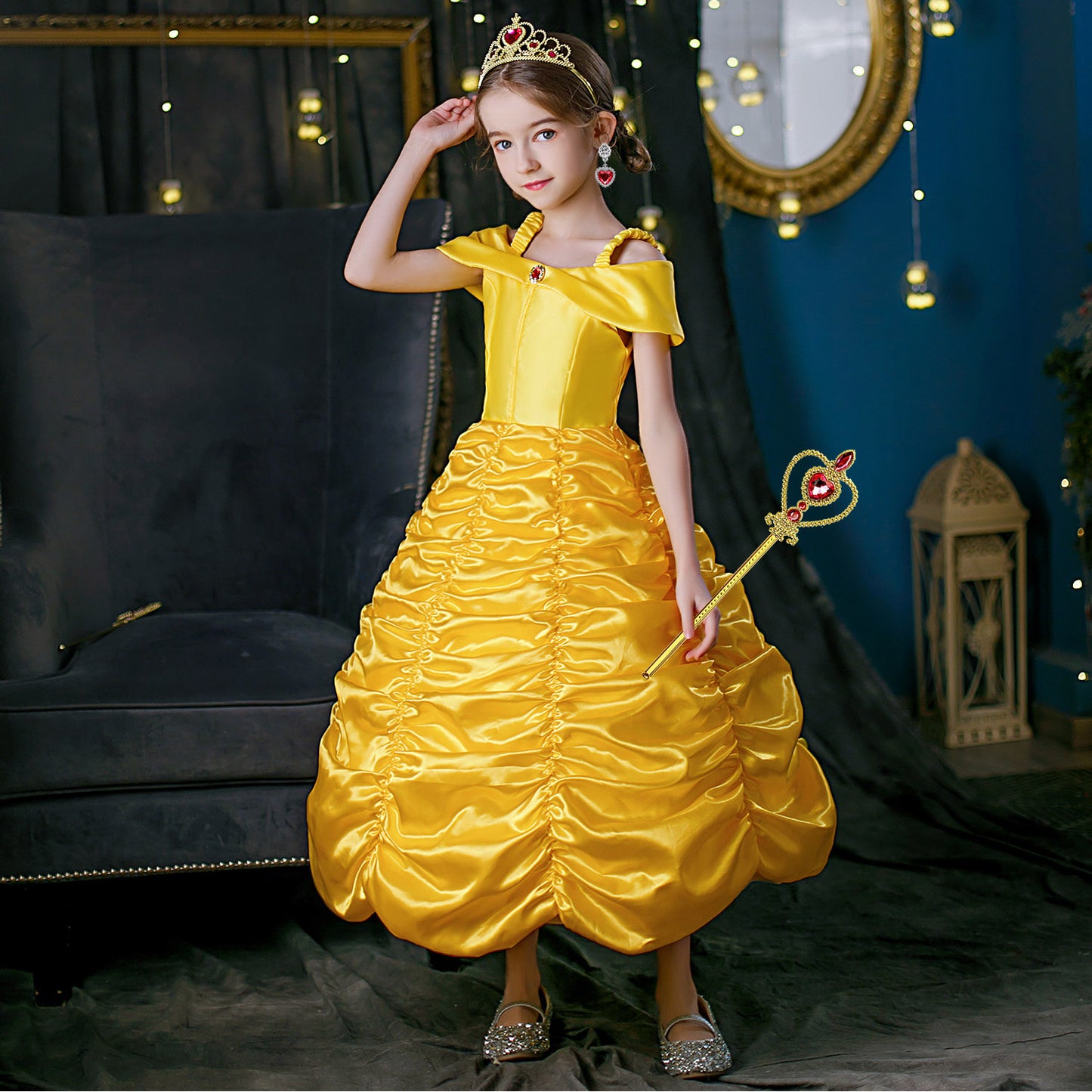 Belle Dresses for Girl Kids Princess Costume Dress Up Layered Off-Shoulder Fancy Dress for Halloween Christmas Cosplay Birthday Party Dresses for 3-9 Years