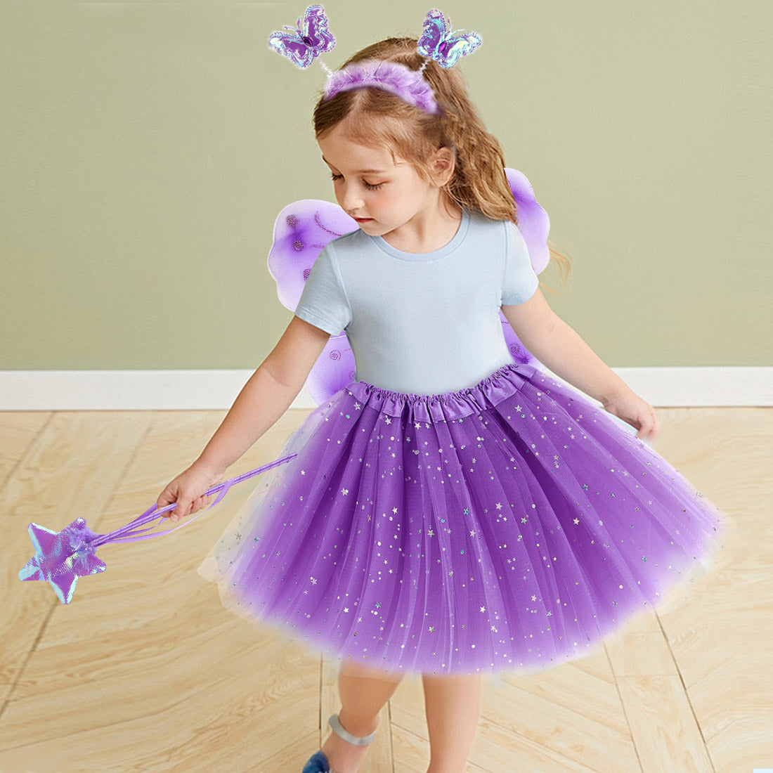 Girls Fairy Costume Set Princess Tutu Skirt Fairy Magic Butterfly Wings Dress Up Fantasy Costume Play with Butterfly Wings, Magic Wand and Headband Set for 3-8 Years Girls