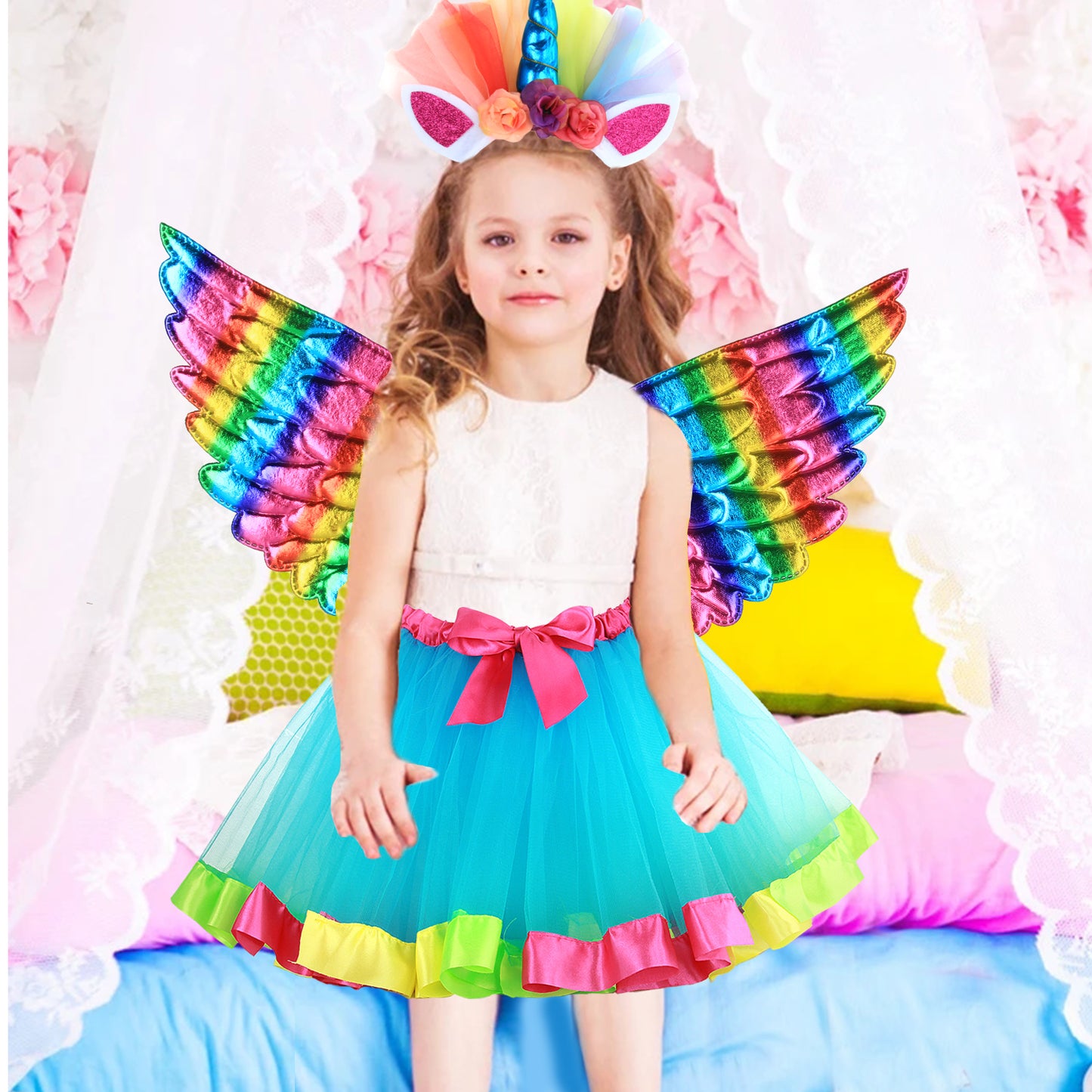 Girls Fairy Costume Fancy Dress Up Angel Costume Sets Kids Princess Dress Tulle Tutu Skirt Set with Angel Wings, Unicorn Headband Set for 3-8 Years Girls