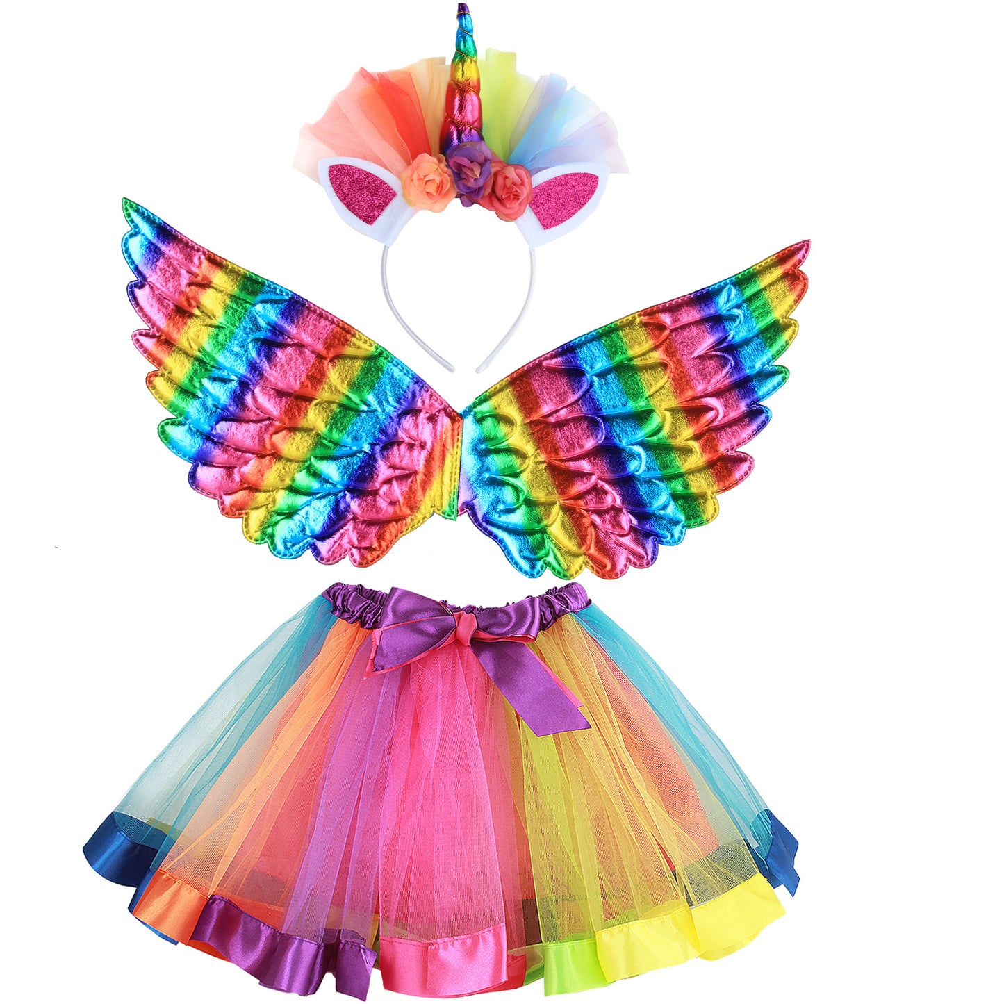 Girls Fairy Costume Fancy Dress Up Angel Costume Sets Kids Princess Dress Tulle Tutu Skirt Set with Angel Wings, Unicorn Headband Set for 3-8 Years Girls