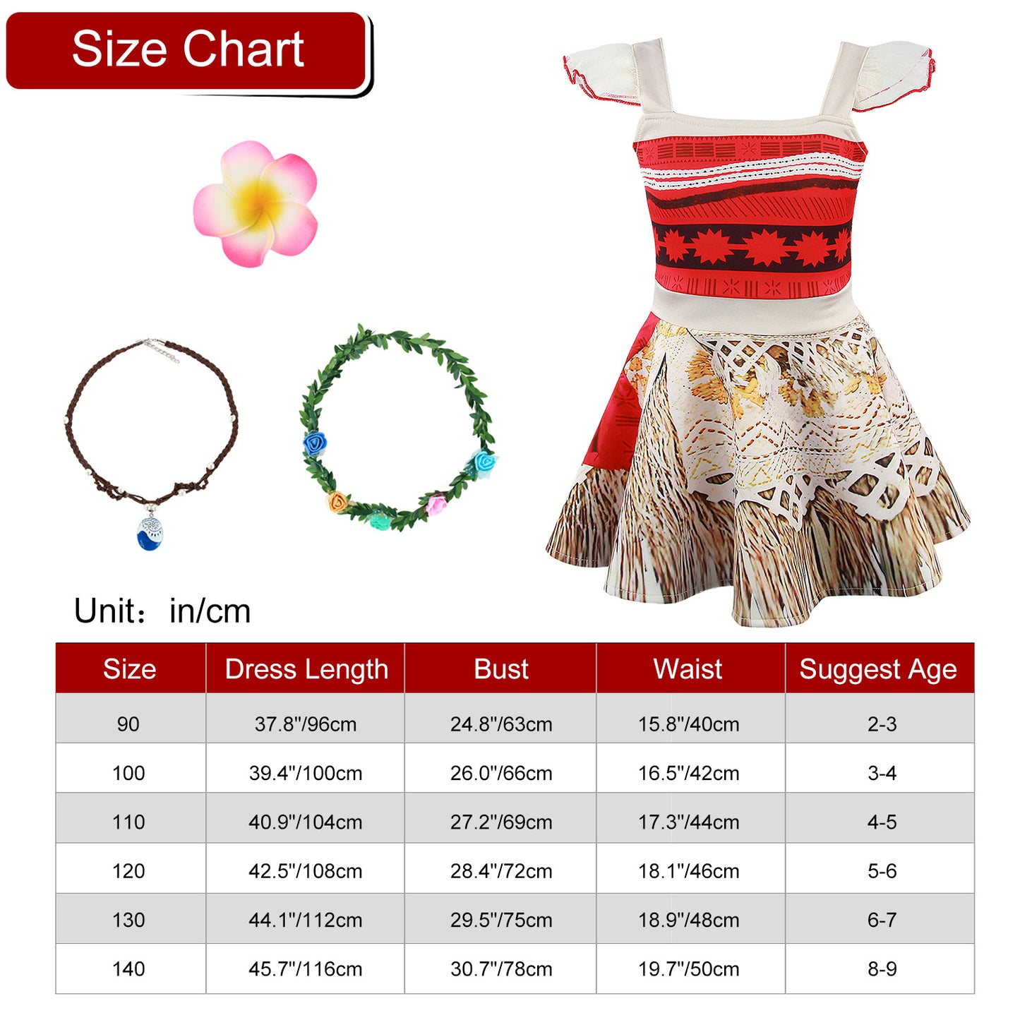 Girls Moana Costume Fancy Dress Up Princess Party Dress Girl Adventure Outfit Clothes Kids Birthday Holiday Halloween Cosplay Fancy Clothing Set Childs Sleeveless Clothes