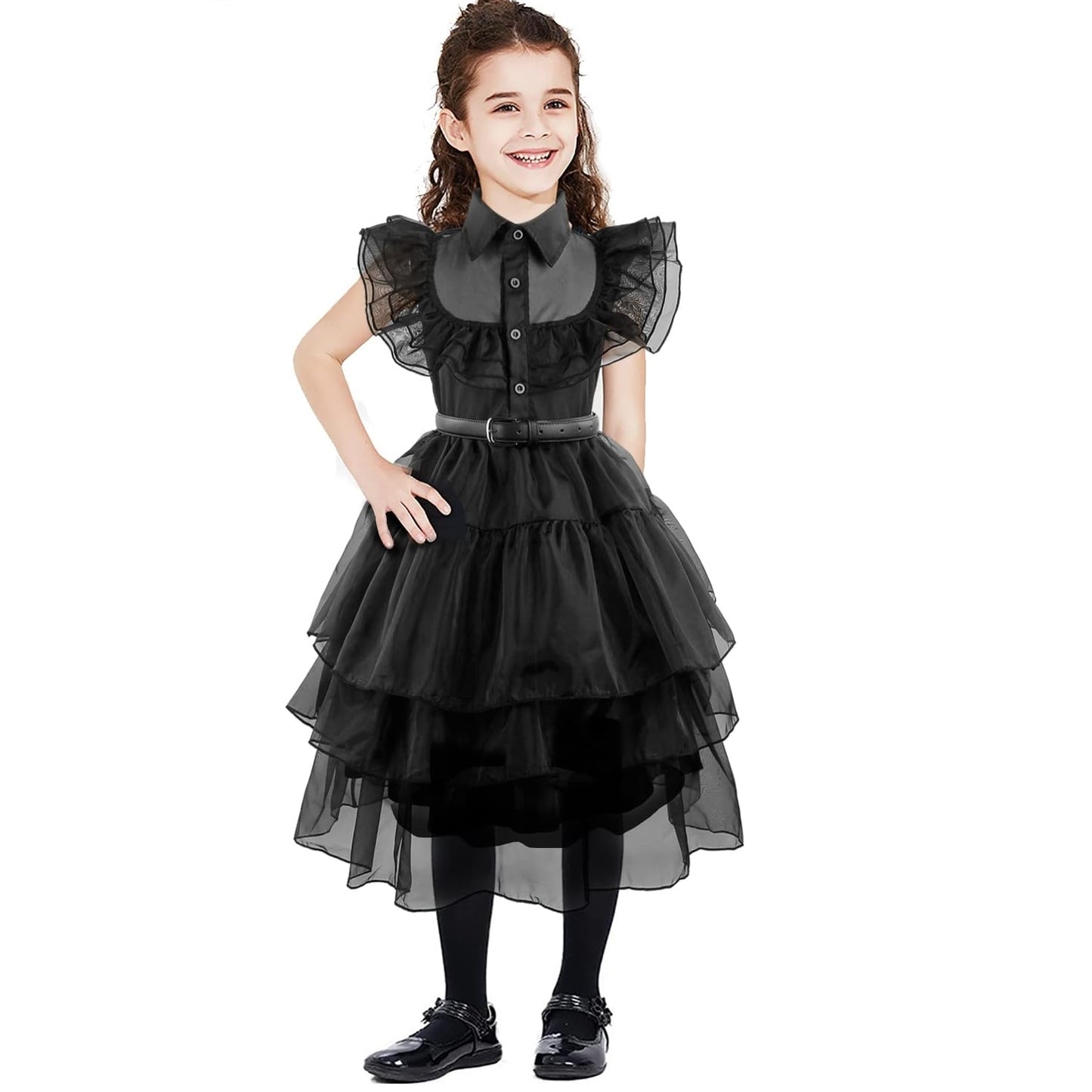 Wednesday Addams Costume Dress for Girls Children Cosplay Addams Family Dresses with Wig Belt Fancy Gauze Dress Halloween Carnival Party