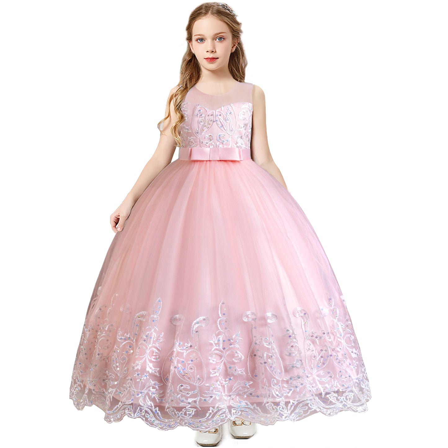 Girls Princess Dress Big Girls Prom Dress,Kids Floral Lace Embroidery Tulle Sequins Dress Sleeveless Floor Length Formal Dress,First Communion Pageant Dresses Wedding Party Dress