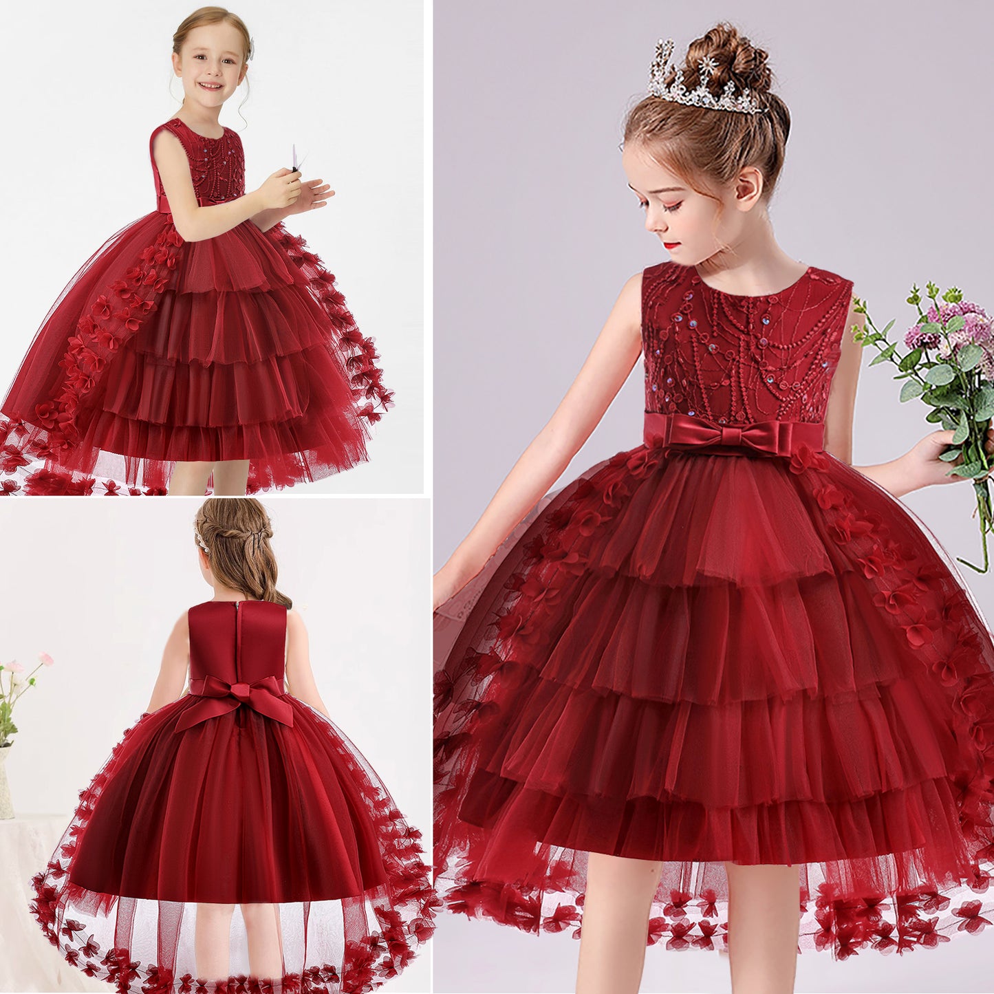 Girls Princess Dress Kids Flower Lace Tulle Dress Girls Evening Dress Floral Lace Bridesmaid Wedding Pageant Gown High-Low Party Dress Sleeveless Elegant Formal Cocktail Prom Dance Ball