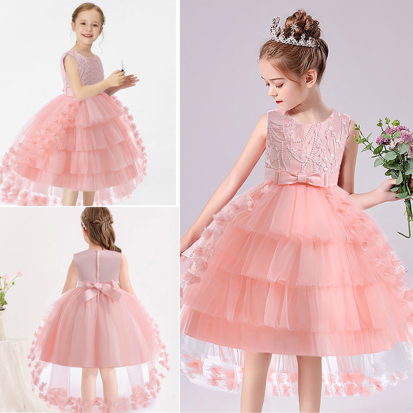 Girls Princess Dress Kids Flower Lace Tulle Dress Girls Evening Dress Floral Lace Bridesmaid Wedding Pageant Gown High-Low Party Dress Sleeveless Elegant Formal Cocktail Prom Dance Ball