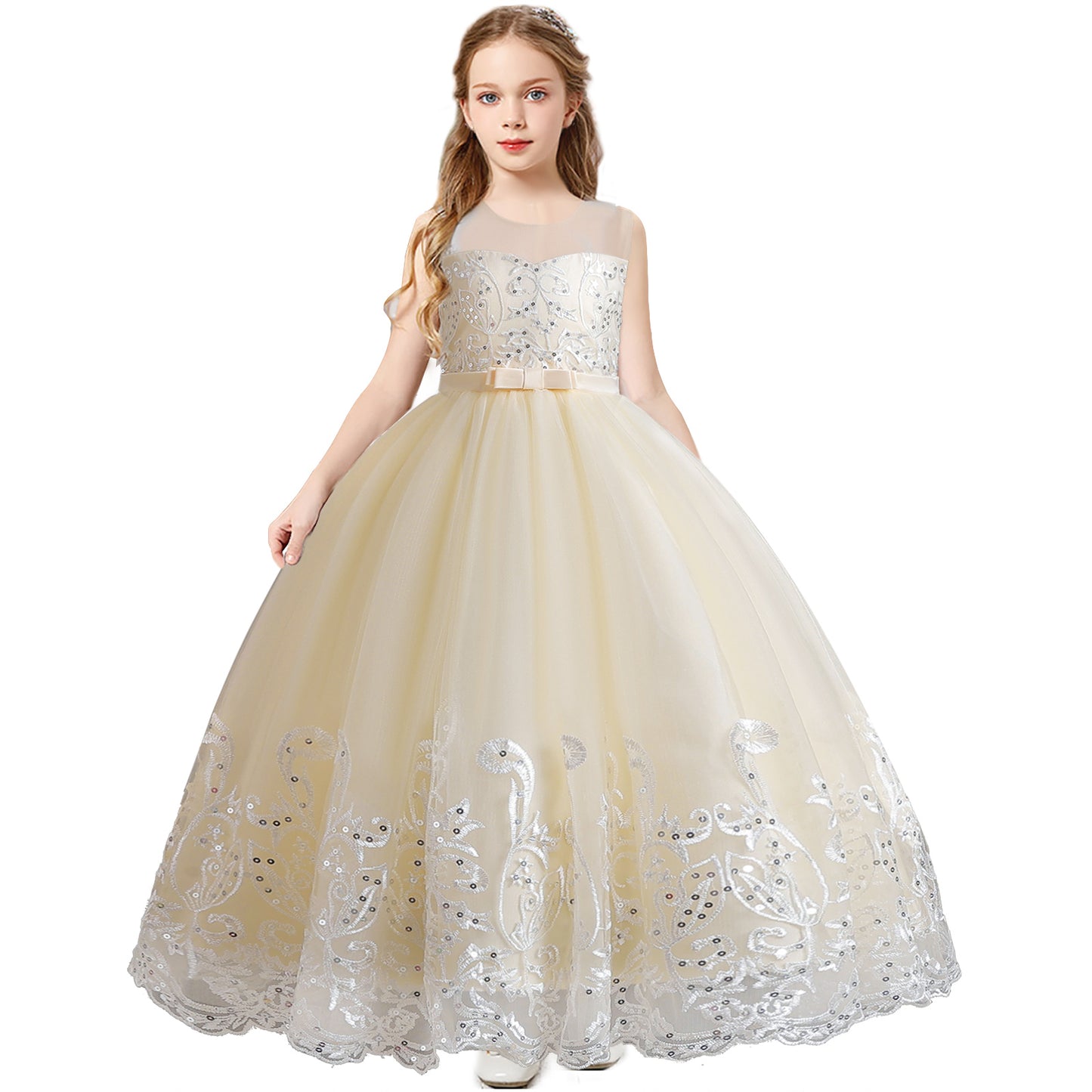 Girls Princess Dress Big Girls Prom Dress,Kids Floral Lace Embroidery Tulle Sequins Dress Sleeveless Floor Length Formal Dress,First Communion Pageant Dresses Wedding Party Dress