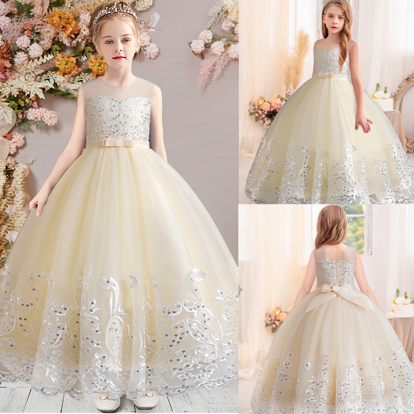 Girls Princess Dress Big Girls Prom Dress,Kids Floral Lace Embroidery Tulle Sequins Dress Sleeveless Floor Length Formal Dress,First Communion Pageant Dresses Wedding Party Dress