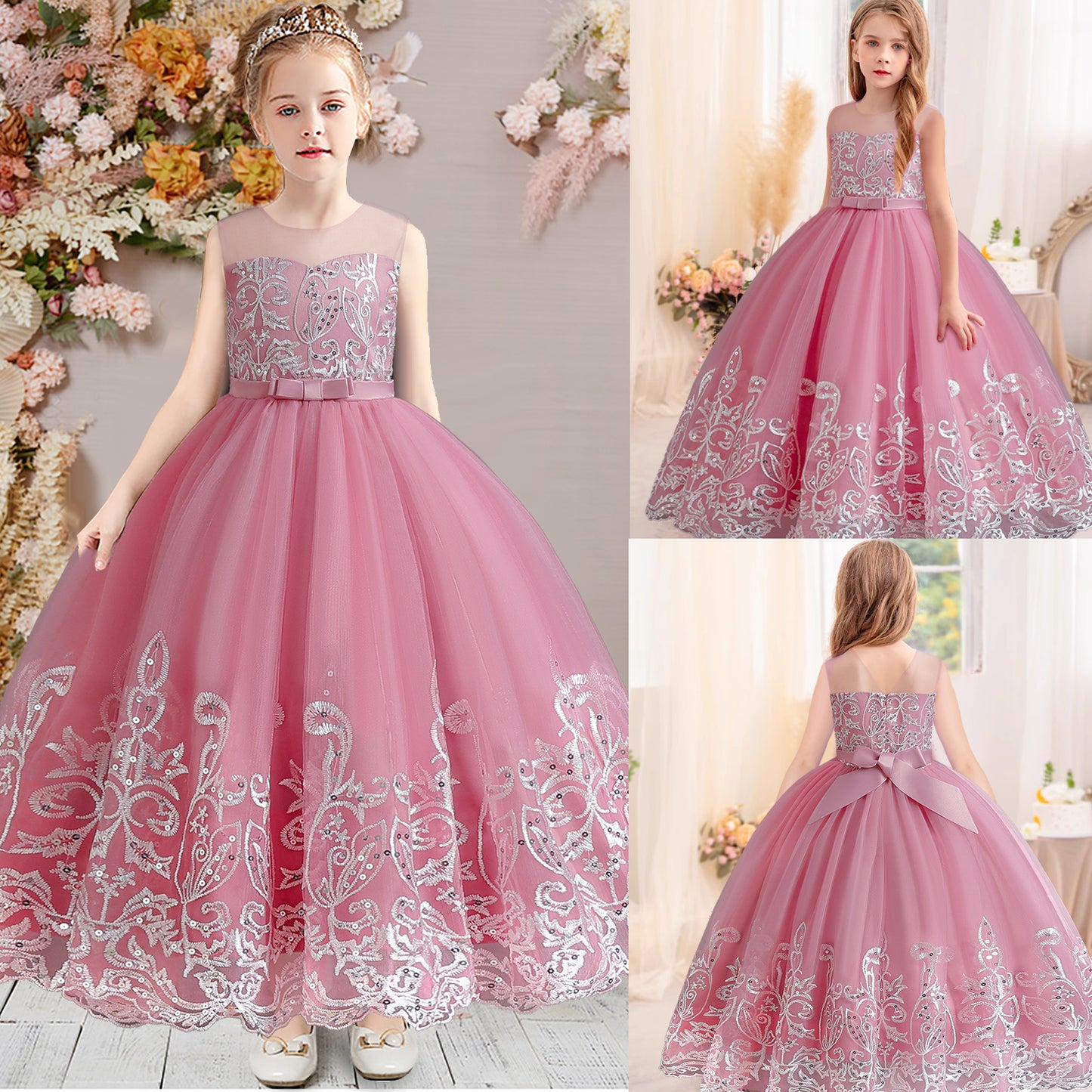 Girls Princess Dress Big Girls Prom Dress,Kids Floral Lace Embroidery Tulle Sequins Dress Sleeveless Floor Length Formal Dress,First Communion Pageant Dresses Wedding Party Dress