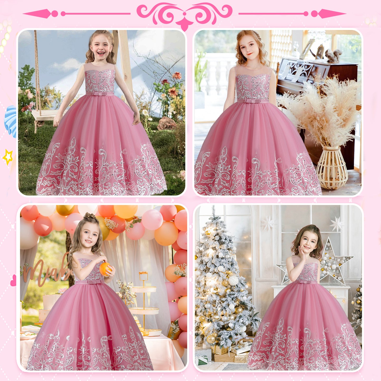 Girls Princess Dress Big Girls Prom Dress,Kids Floral Lace Embroidery Tulle Sequins Dress Sleeveless Floor Length Formal Dress,First Communion Pageant Dresses Wedding Party Dress