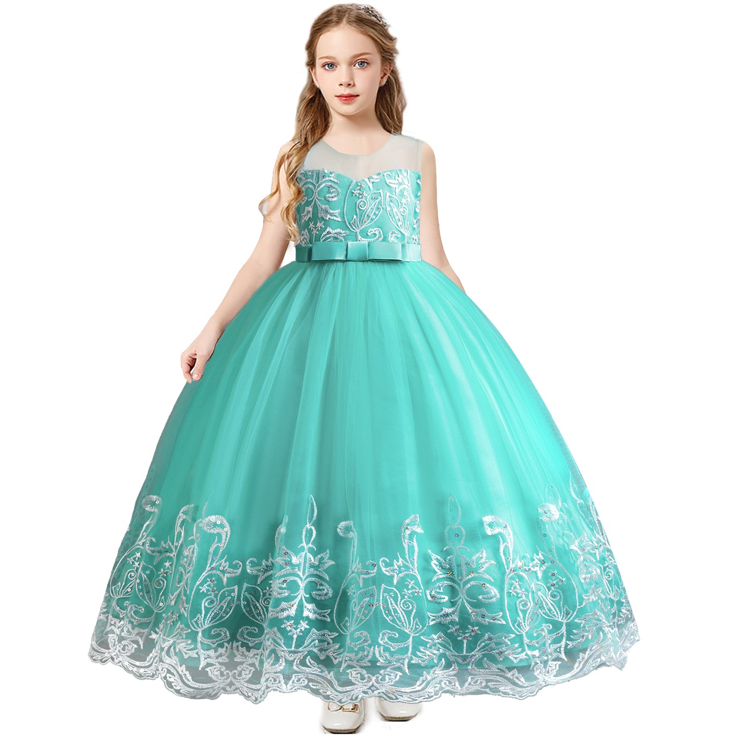 Girls Princess Dress Big Girls Prom Dress,Kids Floral Lace Embroidery Tulle Sequins Dress Sleeveless Floor Length Formal Dress,First Communion Pageant Dresses Wedding Party Dress