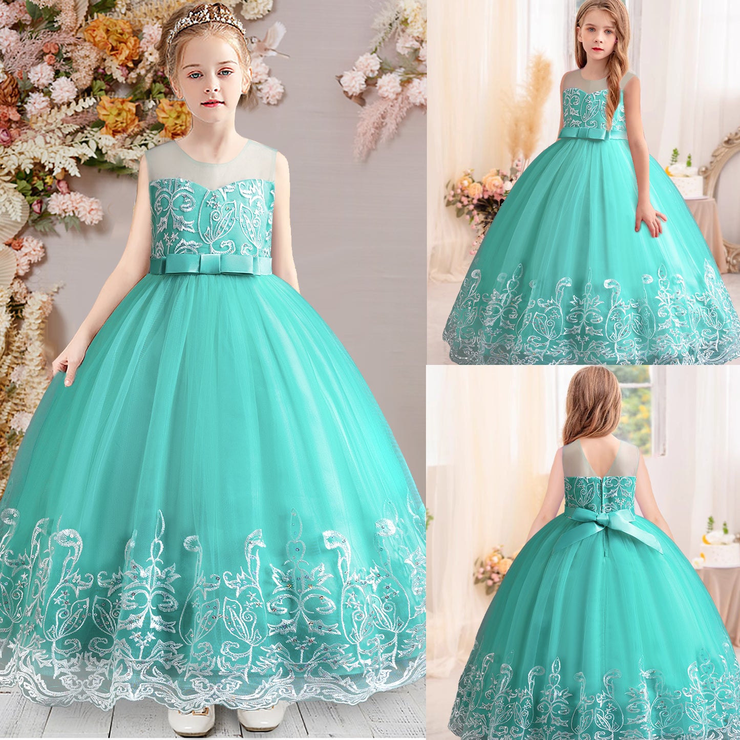 Girls Princess Dress Big Girls Prom Dress,Kids Floral Lace Embroidery Tulle Sequins Dress Sleeveless Floor Length Formal Dress,First Communion Pageant Dresses Wedding Party Dress