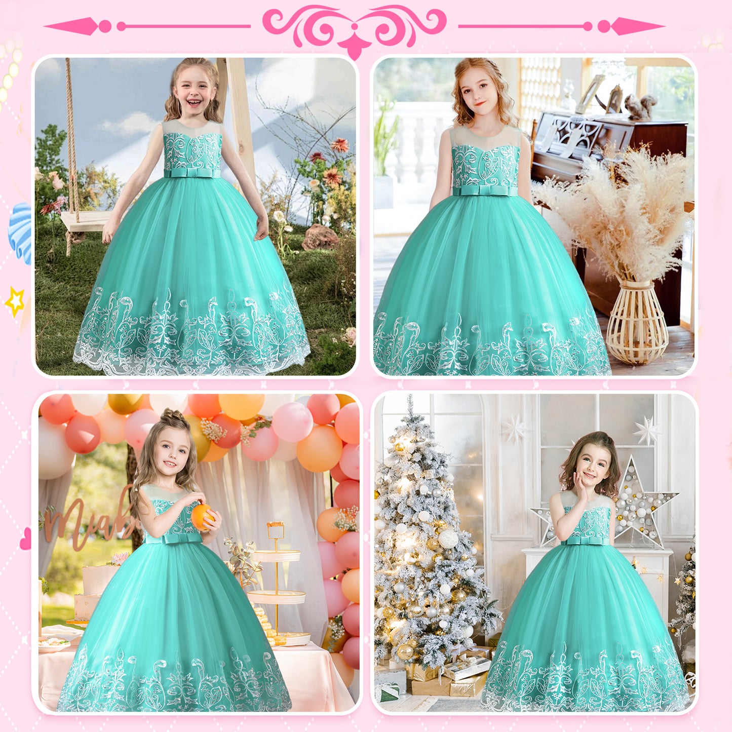 Girls Princess Dress Big Girls Prom Dress,Kids Floral Lace Embroidery Tulle Sequins Dress Sleeveless Floor Length Formal Dress,First Communion Pageant Dresses Wedding Party Dress