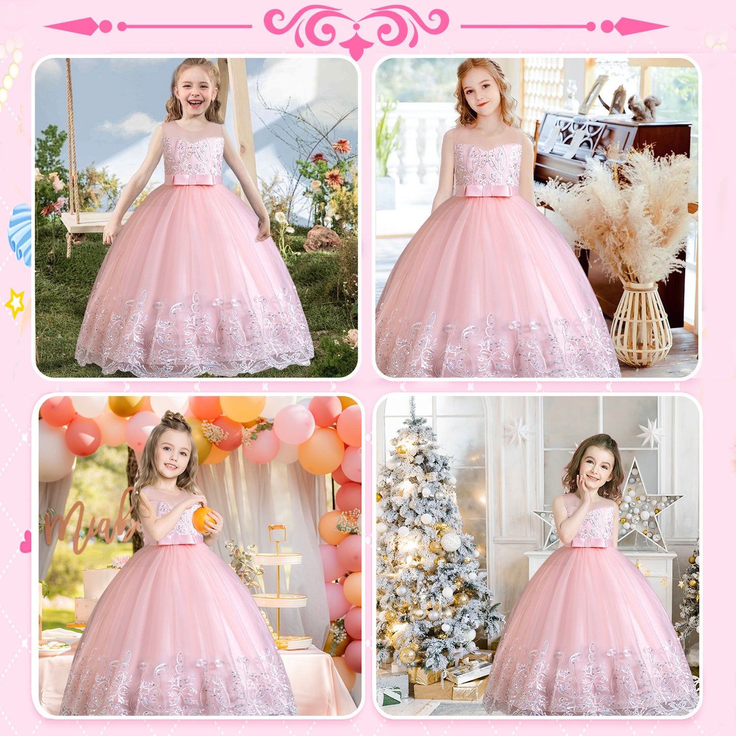 Girls Princess Dress Big Girls Prom Dress,Kids Floral Lace Embroidery Tulle Sequins Dress Sleeveless Floor Length Formal Dress,First Communion Pageant Dresses Wedding Party Dress