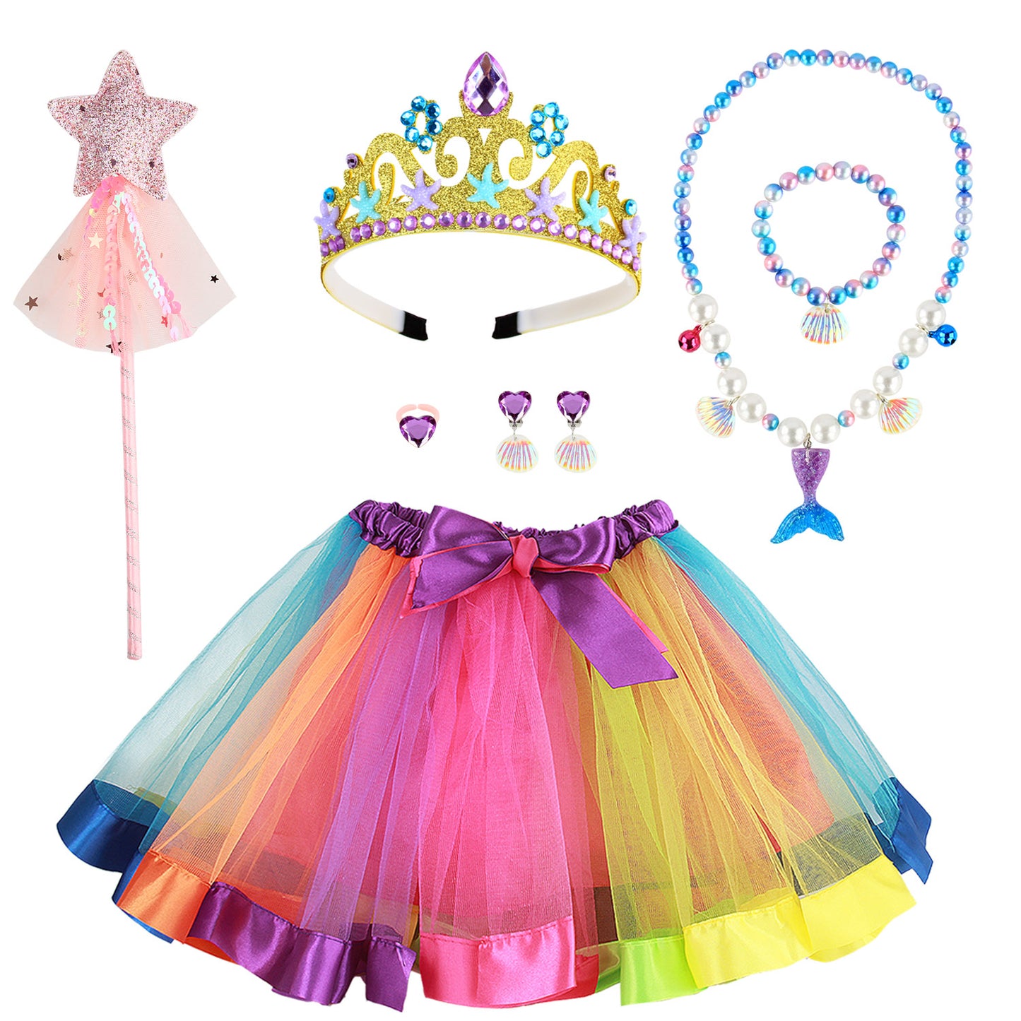 Girls Fairy Costume Fancy Dress Up Kids Mermaid Jewelry Sets Girl Mermaid Tutu Skirt Princess Dress Tulle Costume Set with Necklace Bracelet Earrings Ring Set for 3-8 Years Girls